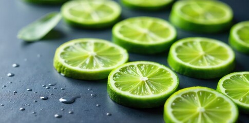 Overhead view of sliced limes and dispersed liquid droplets on a cool, slate grey surface. Top down, minimalist flat lay of several fresh lime slices arranged on a cool, dark slate grey surface.