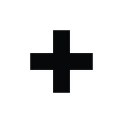Simple black plus sign icon on white background. Minimalist cross shape symbol representing addition, health, medical aid, or positive concept in flat modern vector design for graphic use.