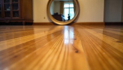 Shiny wooden floor reflecting ambient light after a thorough cleaning, symbolizing a fresh start. A close up view of a polished hardwood floor with a deep, lustrous sheen. The floor is so reflective