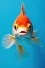 A vibrant goldfish viewed from above, its bright colors popping against a clean, reflective blue surface of water. A vibrant goldfish viewed from directly above, its bright orange and white colors