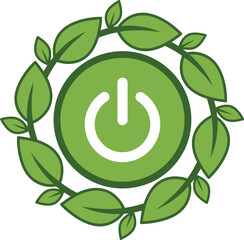 Green energy and sustainability icon with a power symbol surrounded by leaves