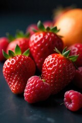 Juicy Berries and Sliced Citrus Fruits with Water Droplets, Close up A close up macro photograph of perfectly ripe strawberries, raspberries, and segmented oranges and grapefruits. Tiny, clear water