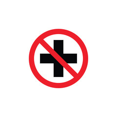Flat vector illustration of a prohibition sign featuring a red circle with a diagonal line crossing a black medical cross. Symbol concept for restriction, warning, ban, or no medical service area.