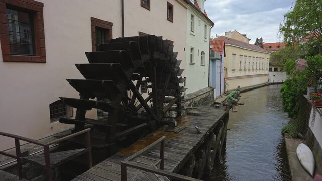Historic Water Mill Wheel on Prague Devil's Canal.
