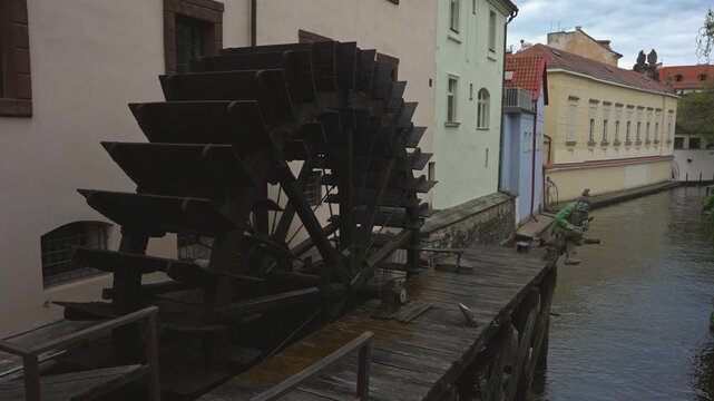 Historic Water Mill Wheel on Prague Devil's Canal.