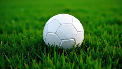 Focused Determination Close up of a perfectly placed soccer ball on a pristine green field, dew drops. An extreme close up macro shot of a pristine, perfectly round soccer ball resting on a perfectly