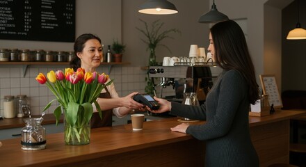 young woman using smartphone to pay for coffee in cozy cafe with barista and tulip flowers