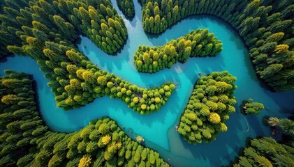 Amazonian River Maze Aerial view of winding rivers and tributaries through dense, untouched rainforest. An extreme aerial view of a complex maze of winding turquoise rivers and tributaries cutting