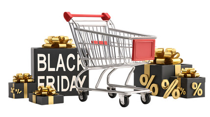 Black friday shopping cart with gifts isolated on transparent background.