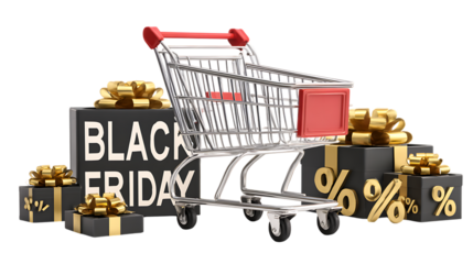 Black friday shopping cart with gifts isolated on transparent background.