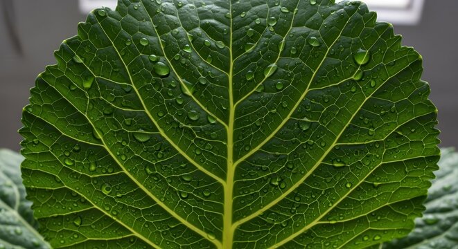 Vibrant Green Leaf With Water Droplets Macro Photography Showcasing Nature's Beauty