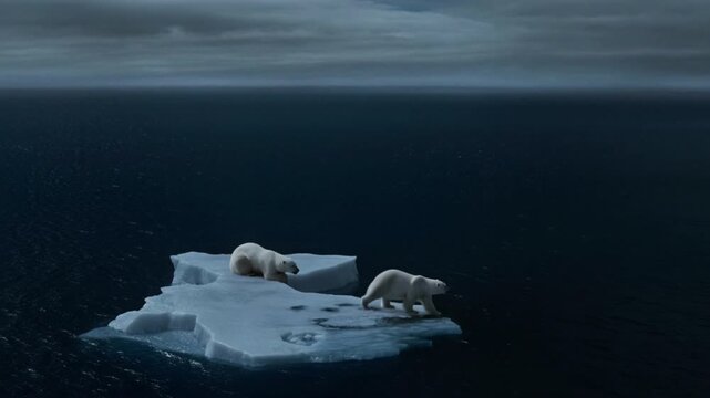 Polar bears are seen on a shrinking ice floe in the Arctic Ocean. Climate change is dramatically impacting their habitat and survival as temperatures rise