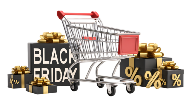 Black friday shopping cart with gifts isolated on transparent background.