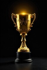 Golden trophy nestled amongst scattered abstract geometric shapes and glowing particles, signifying a complex win. A detailed golden trophy placed on a neutral surface. Surrounding it are scattered,