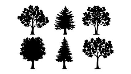 Silhouettes of Nature's Sentinels: A collection of various tree silhouettes, meticulously crafted to showcase the diverse forms and textures found within the realm of nature. 