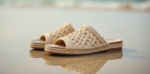 Woven espadrille sandals on a smooth, wet, reflective beach surface after a receding tide. A pair of elegant, woven espadrille sandals placed on a perfectly smooth, wet, and highly reflective beach