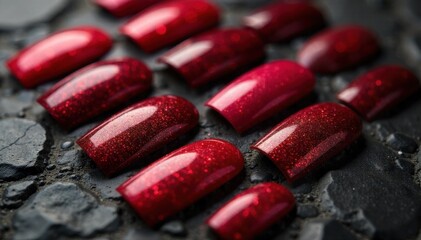 Red Nail Polish Swatches on Various Textures Multiple swatches of red nail polish arranged artistically. Each swatch displays a different finish glossy, matte, metallic, and satin. They are placed on