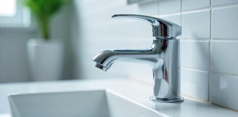 Sparkling Bathroom Fixtures Chrome and Tile Extreme close up of a highly polished chrome bathroom faucet, reflecting bright light. Adjacent are perfectly clean, white ceramic tiles with crisp grout