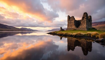 Serene Scottish Highland Loch with Distant Celtic Ruins A wide, serene Scottish Highland loch with its surface perfectly reflecting a dramatic, cloud filled sky. In the distance, ancient, weathered