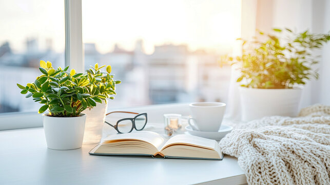 Cozy morning reading nook on sunlit windowsill, with lush green plants, open book, reading glasses, warm cup of coffee, and soft knitted blanket, offering peaceful city view.