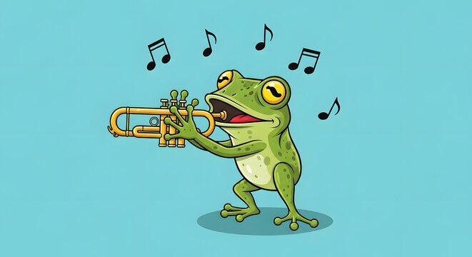 Cute frog playing trumpet with musical notes