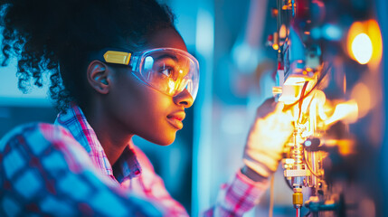 Intense focus: Young African American woman in safety glasses actively engaged with bright, complex technical apparatus in glowing high-tech lab environment