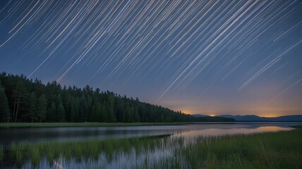 Stunning time-lapse of star trails over a serene lake and forest at night with reflections