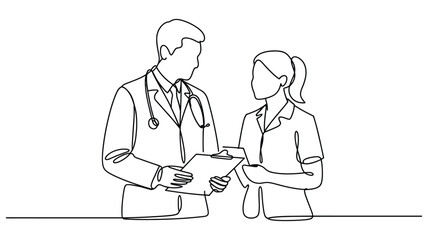 continuous line drawing of two medical professionals discussing patient care, teamwork in healthcare, modern minimalist illustration