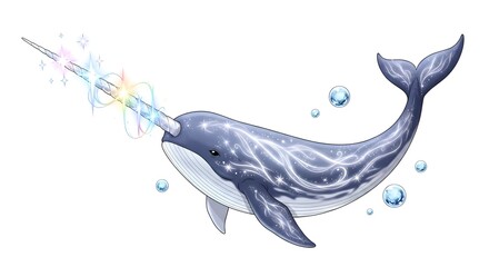 Magical Narwhal with Rainbow Horn in the Ocean.