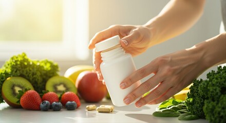 hands placing vitamin bottle on table with fresh fruits and vegetables in sunlight