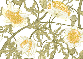 Seamless floral pattern featuring vintage botanical flowers, ornate leaves, blooming buds and elegant art nouveau elements. Perfect for textile design, decor, classical engraving illustration.
