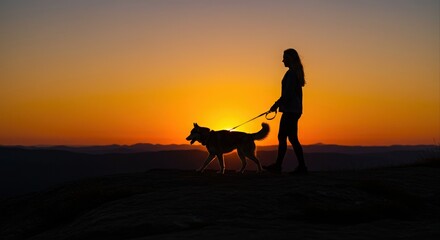 silhouette of person walking dog on hilltop at sunset showcasing calm nature and companionship