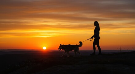 silhouette of woman walking dog at sunset on scenic hilltop with vibrant orange skies