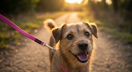 happy brown dog on a leash enjoying a sunny walk in a nature park at sunset