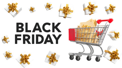 Black friday shopping cart with gifts isolated on transparent background.