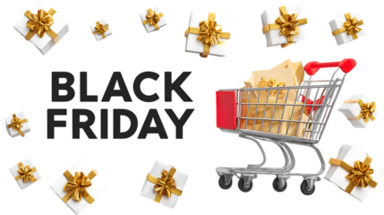 Black friday shopping cart with gifts isolated on transparent background.