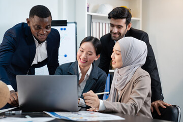 team of multiethnic colleague discuss budget performance planning, sharing idea for cost reduction, business people man woman diverse employee coworker in formal suit meeting in finance office