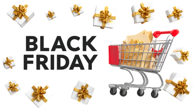 Black friday shopping cart with gifts isolated on transparent background.
