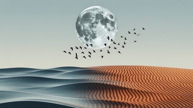 Surreal landscape of desert waves under a full moon with birds evoking dreamlike serenity and wonder