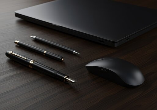 Professional writing instruments and input device rest on dark wooden surface near closed portable computer