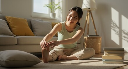 young woman doing morning yoga stretching exercises at home in cozy living room with sunlight