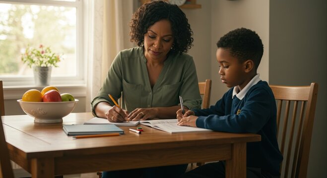 young boy and woman doing homework at kitchen table with natural light and warm atmosphere - Powered by Adobe