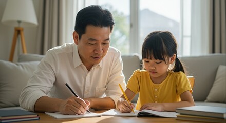 father helping daughter with homework at home on a sunny afternoon in cozy living room