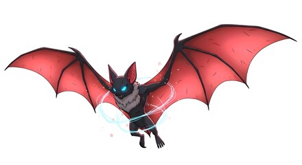 Mystical Red Bat with Glowing Eyes in Flight.