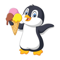 Cartoon penguin holds an ice cream cone with three scoops of ice cream