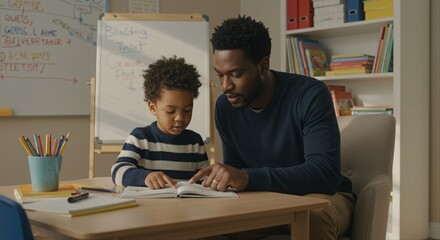father and young son reading a book together in a cozy home study filled with colorful books