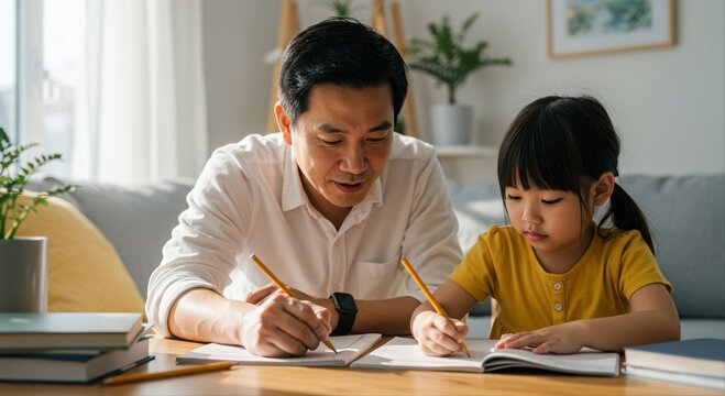 father helping young daughter with homework in cozy living room during daylight hours
