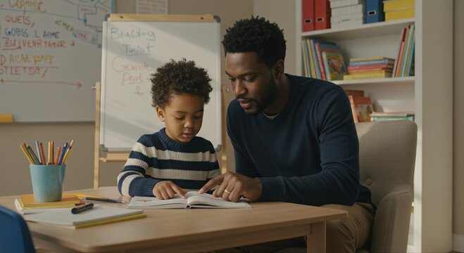 father and young son reading a book together in a cozy home study filled with colorful books