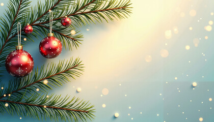 Red Christmas ornaments with snowflake patterns on pine branches, glowing festive gradient