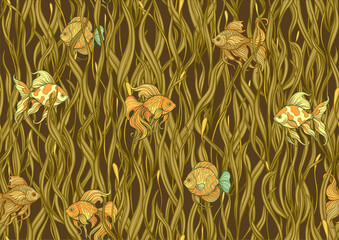 Seamless aquarium pattern with ornamental fish swimming among wavy green seaweed. Vector decorative design for textile and wallpaper, repeating tileable background tropical fish, detailed foliage